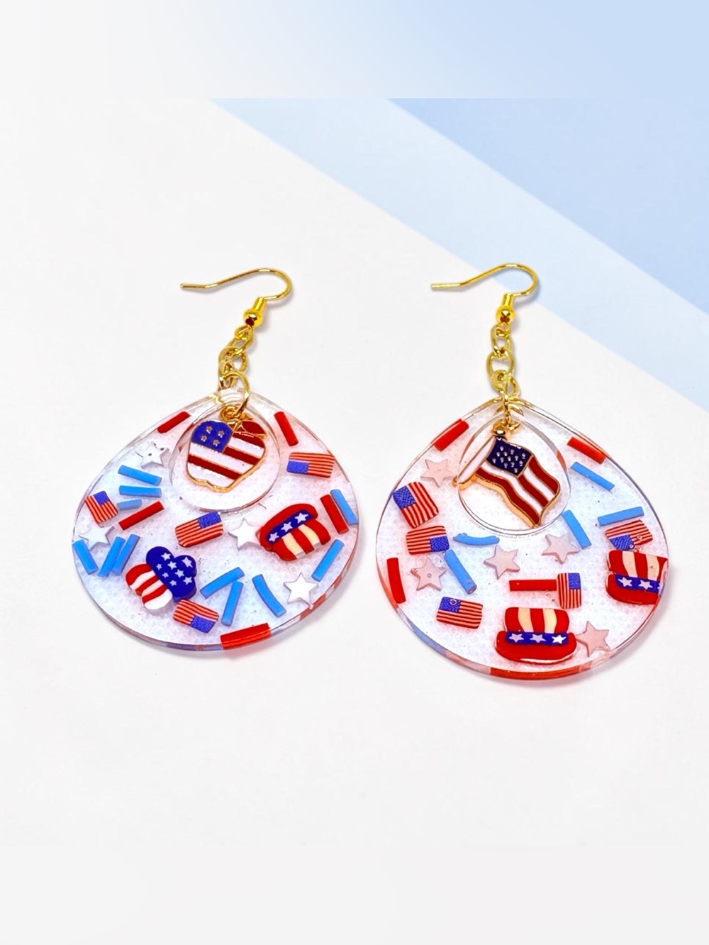 Patriotic  Red White & Blue Flag Drop Resin Earrings